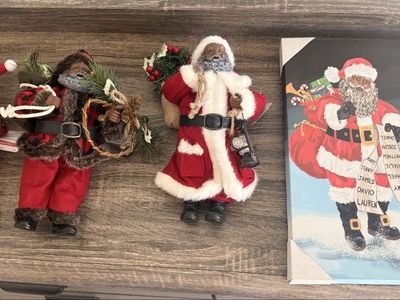 African American Santa Christmas Decor Lot - 3 Figures & 1 Wall Art - Festive Holiday Display