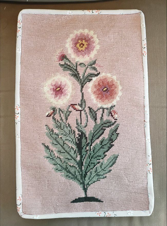 Antique Hand-Embroidered Pink Floral Needlepoint