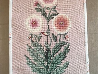 Antique Hand-Embroidered Pink Floral Needlepoint
