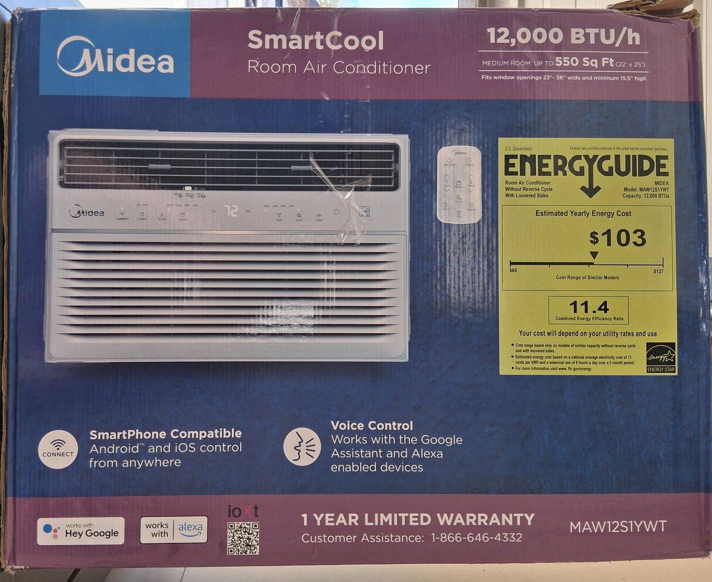 Midea SmartCool MAW12S1YWT 12,000 BTU Room AC, Smart, Voice Control, up to 550 sq ft