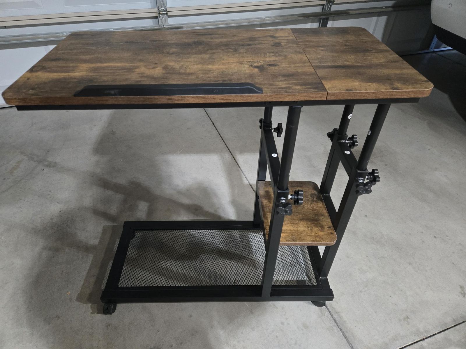 Adjustable Rolling Desk / side or end table with Storage & Tilting Top - Rustic Brown & Black Metal