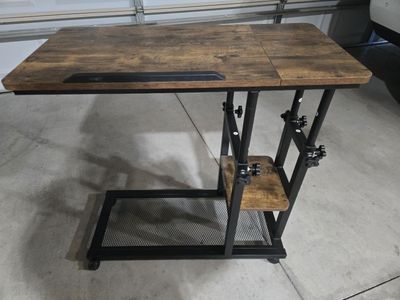 Adjustable Rolling Desk / side or end table with Storage & Tilting Top - Rustic Brown & Black Metal