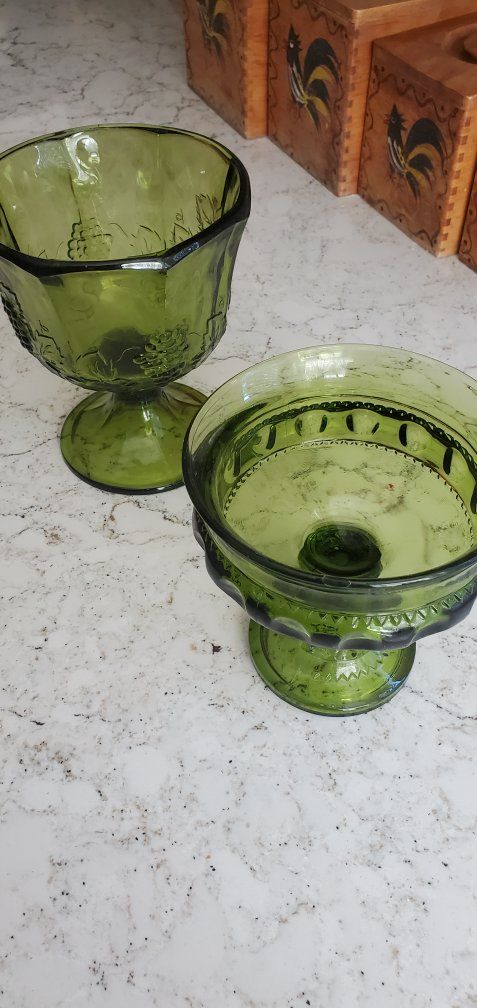 Vintage Green Glass Candy Dishes - Embossed Grape & Dot Patterns