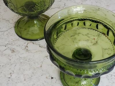 Vintage Green Glass Candy Dishes - Embossed Grape & Dot Patterns