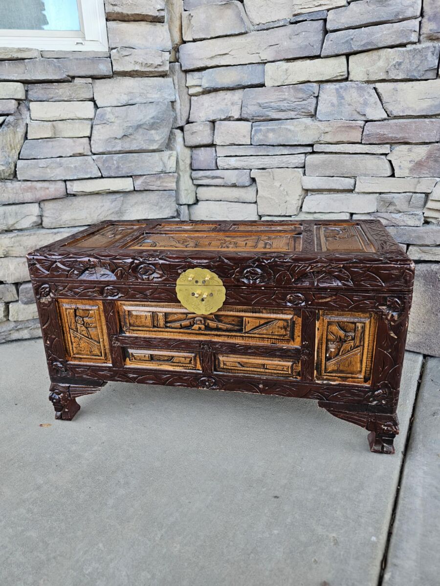 Vintage Carved Wooden Storage Chest / Trunk – Asian Motif, Brass Hardware