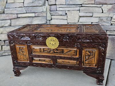 Vintage Carved Wooden Storage Chest / Trunk – Asian Motif, Brass Hardware
