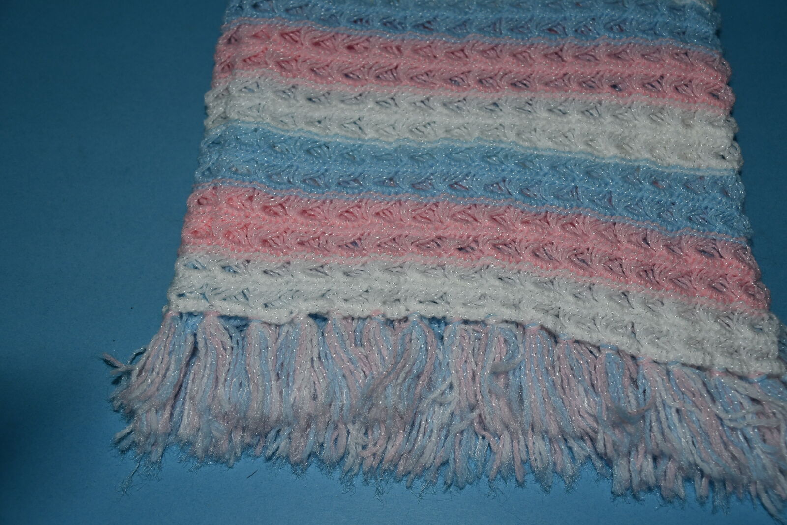 NEW, HANDMADE BABY BLANKET ~ 17" x 34" ~ PINK, BLUE & WHITE ~ CLEAN ~ NEVER USED!