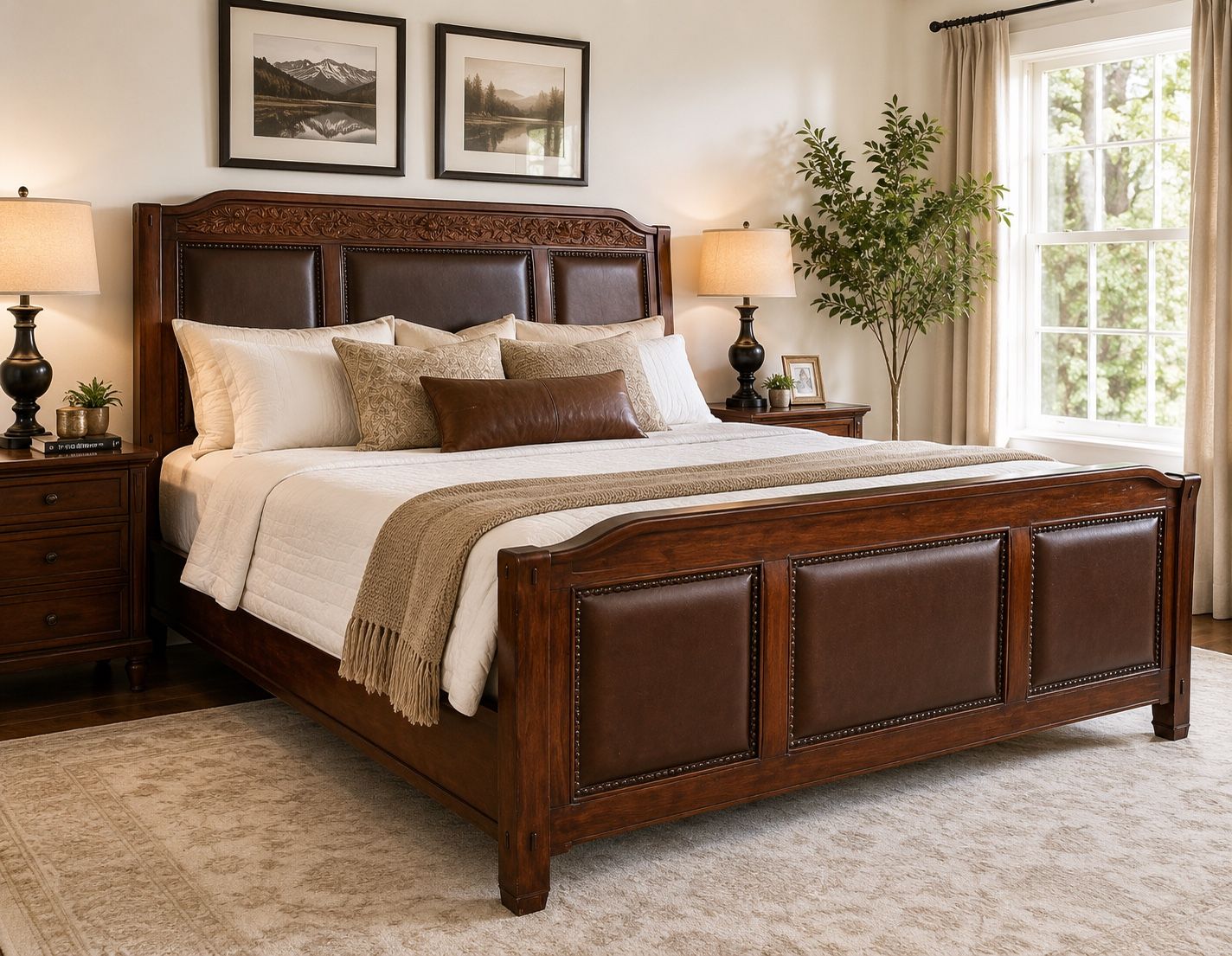 Bernhardt Solid Walnut & Genuine Leather King Bed | Excellent Condition