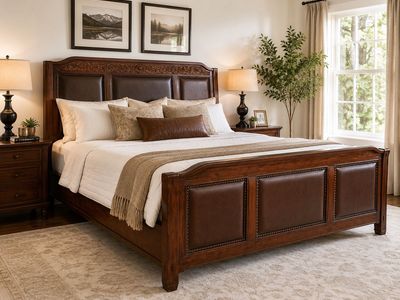 Bernhardt Solid Walnut & Genuine Leather King Bed | Excellent Condition