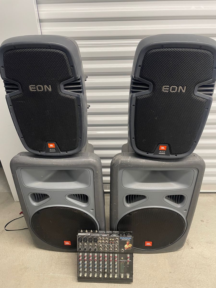 JBL Eon's Two 15" mains and Two 12" monitors with 8 channel Mackie board