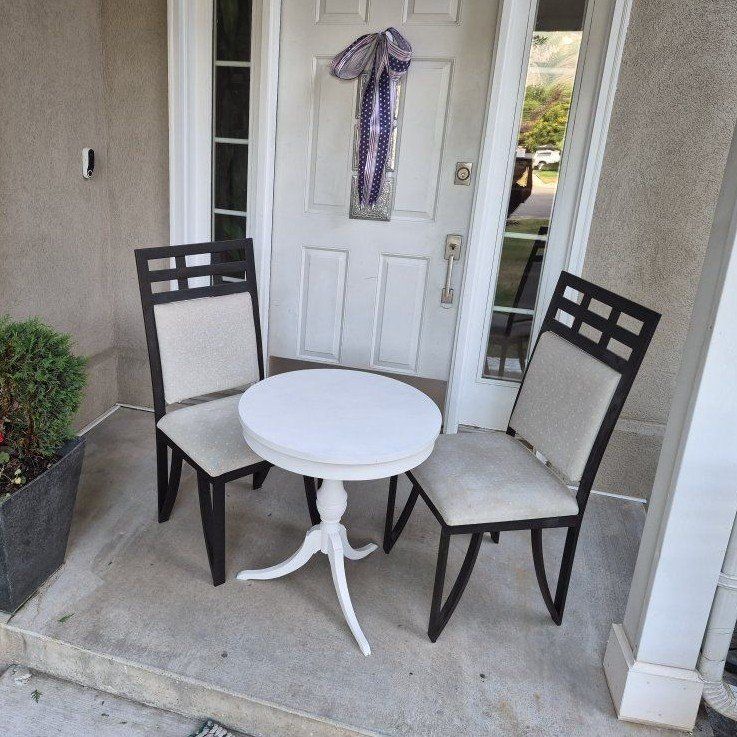 White & Black Bistro Set with 2 Upholstered Chairs and Round Table