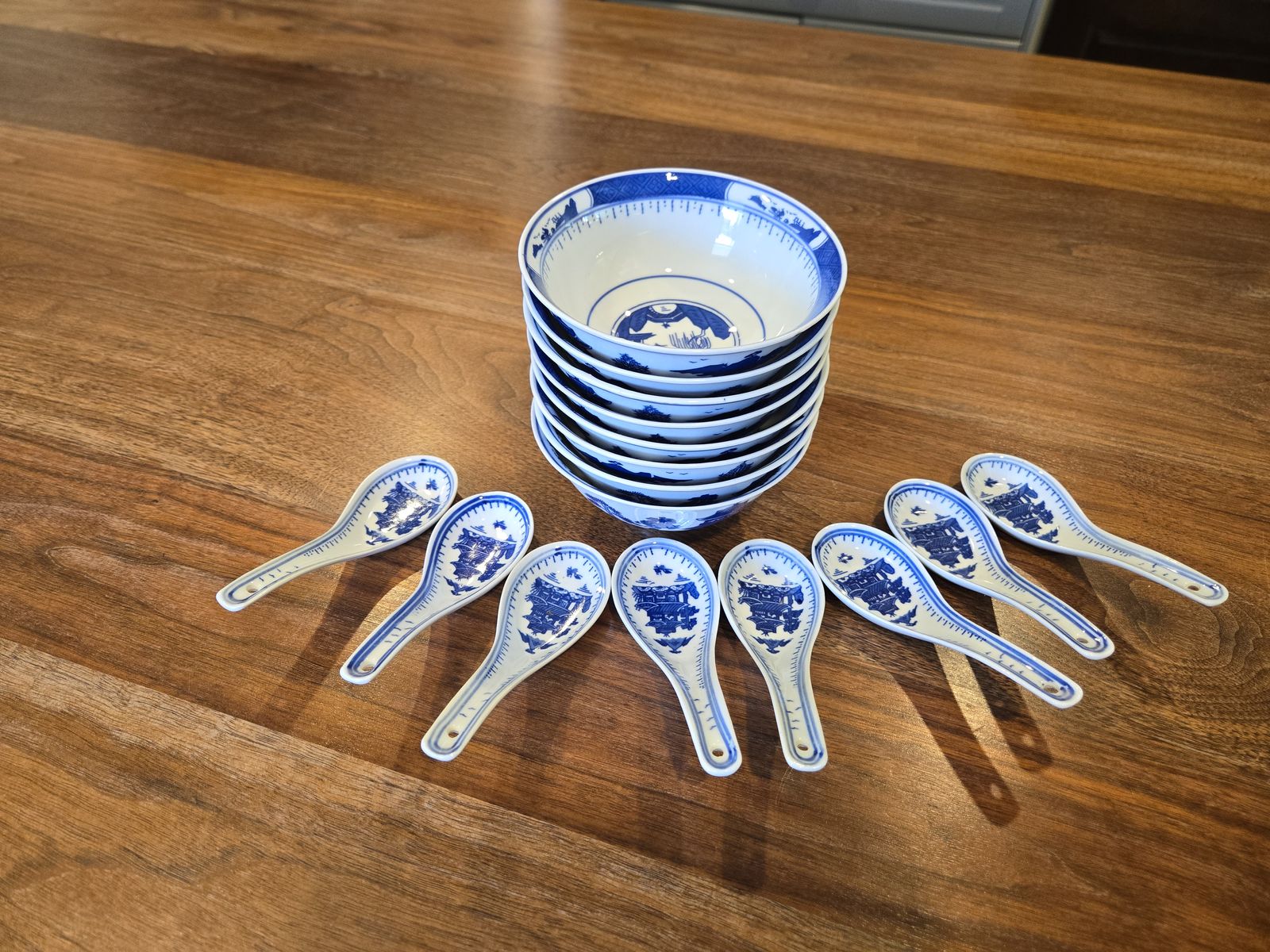 Vintage Blue and White Porcelain Rice Bowls and Spoons Set - 8 Bowls, 8 Spoons, Asian Design
