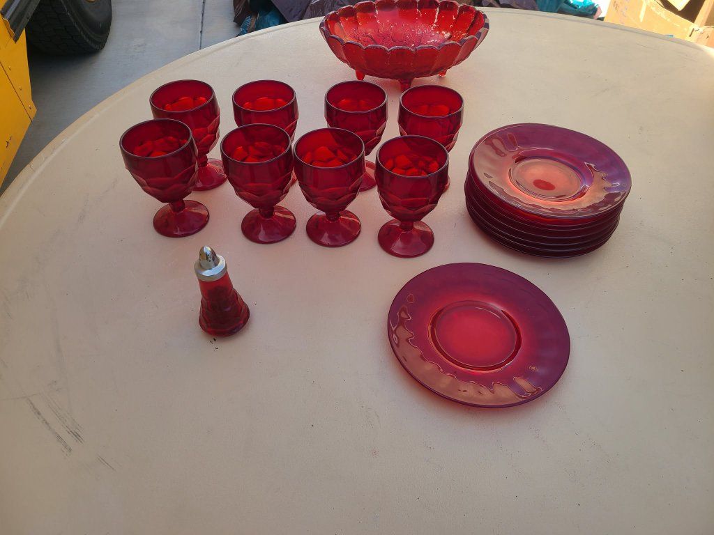 Viking Georgian Ruby Red Glass, goblets, plates, b