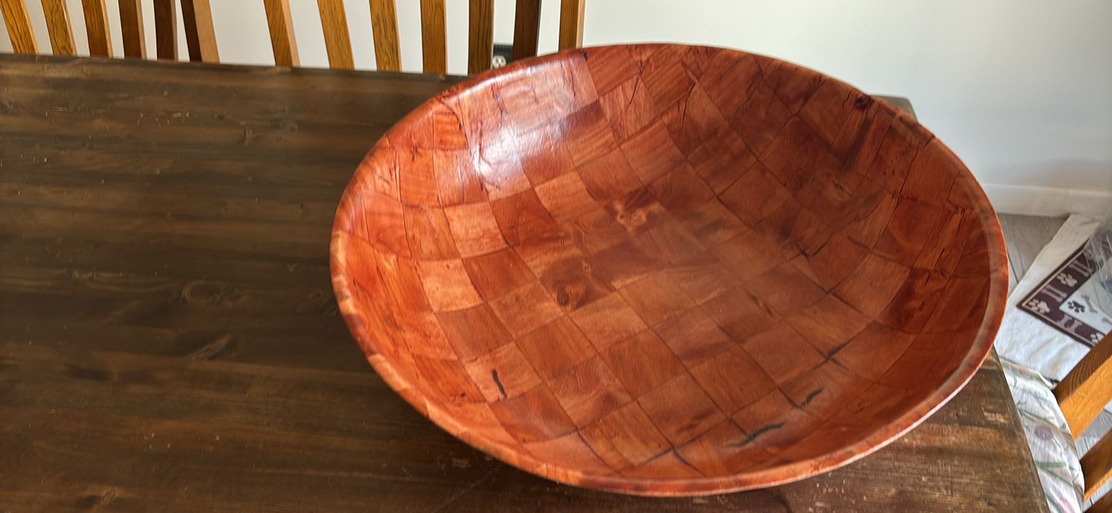 Large Woven Wood Salad Serving Bowl, Rustic Farmhouse Decor, Good Condition 21”diameter 6” high