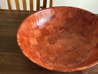 Large Woven Wood Salad Serving Bowl, Rustic Farmhouse Decor, Good Condition 21”diameter 6” high