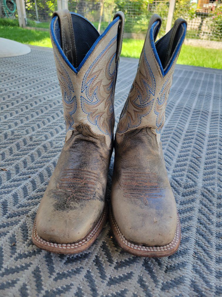 ROPER Kids Boys Sz 2 Parker Cowboy Brown Leather Boots 'Vintage Brown' Leather Vamp Creme Shaft