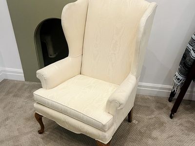 Wingback Armchair, Upholstered Cream Fabric with Wood Legs, Accent Chair