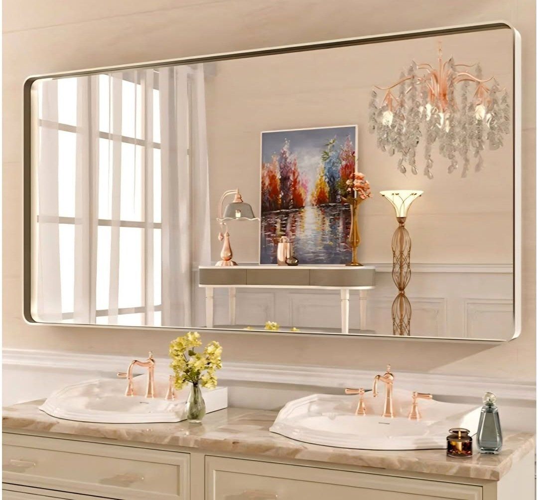 WEER 60X30 Inch Brushed Nickel Bathroom Mirror, Brushed Silver Metal Frame Mirror, Rounded Rectangle Silver Bathroom Vanity Mirr
