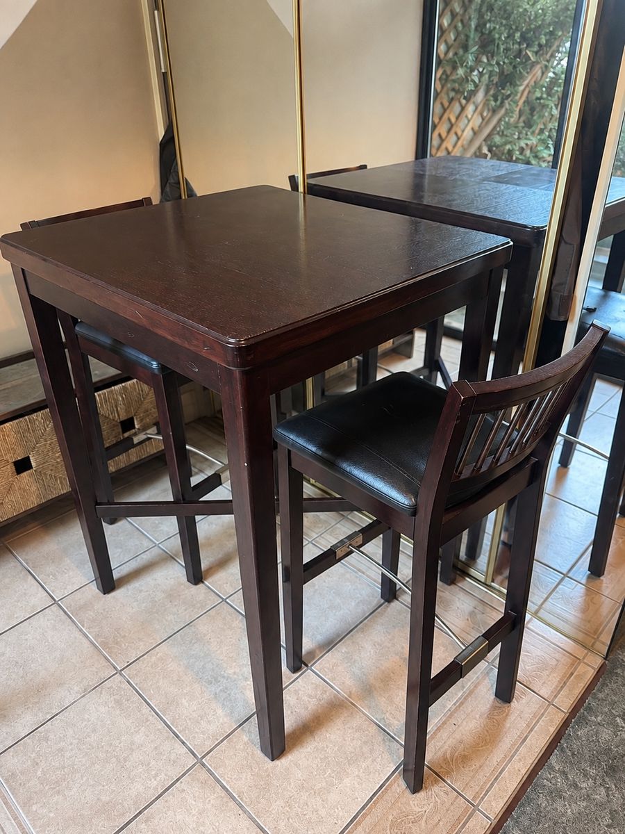 Free Bar Height Dining Table with Stools - Dark Wood Finish