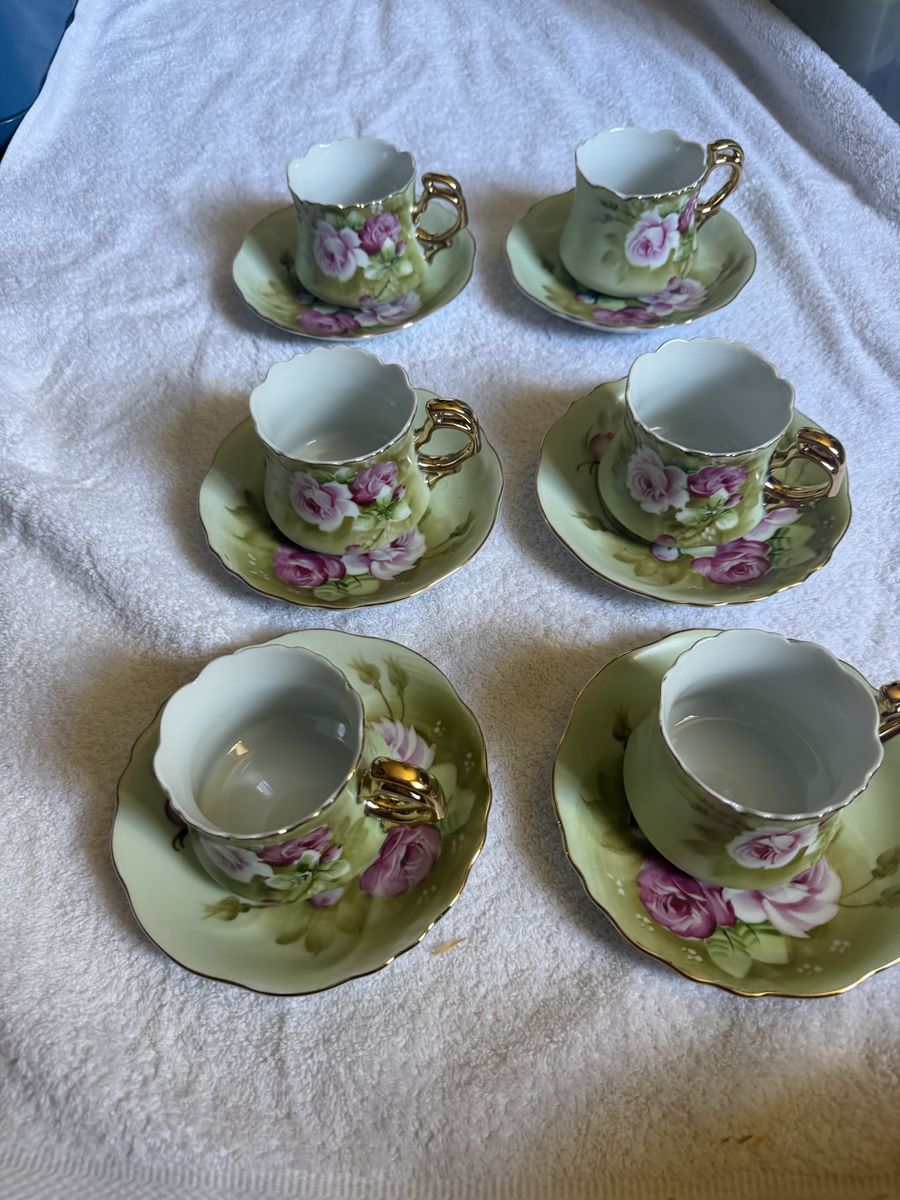Lefton China Hand Painted Tea Cup and Saucer Set - Pink Roses, Gold Trim - Set of 6