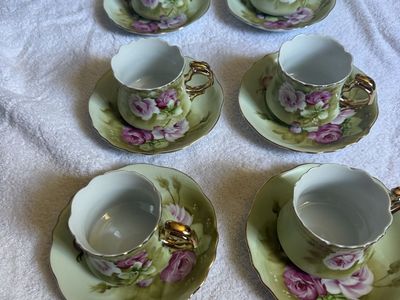Lefton China Hand Painted Tea Cup and Saucer Set - Pink Roses, Gold Trim - Set of 6