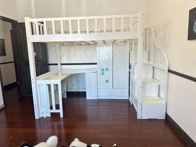 White Full Size Loft Bed with Desk, Storage Wardrobe, & Stair Drawers - 79"L x 59"W