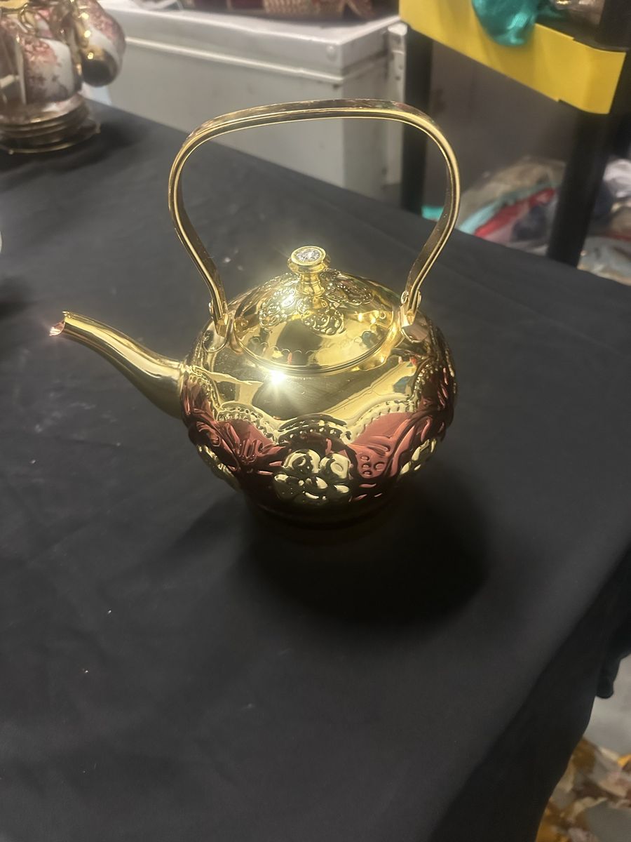 Gold-tone Decorative Teapot/Kettle - Embossed Design, New Condition