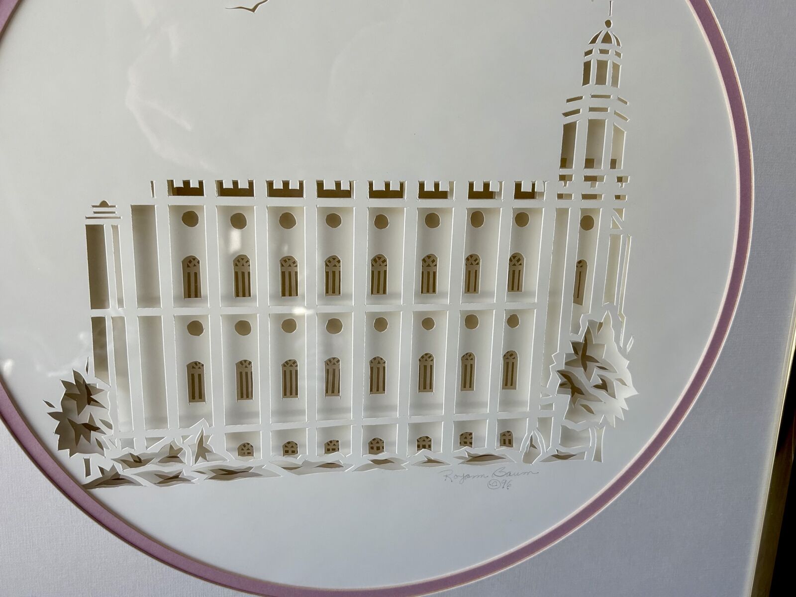 Vintage  Salt Lake City LDS Temple art piece, hand cut paper, framed wall hanging 1990s Signed by artist   SLC