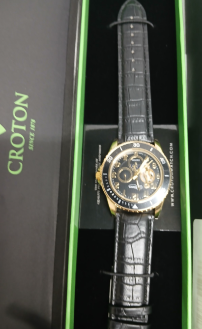 Croton Gold Tone Automatic Watch with Black Leather Band - Open Heart Dial-#6-Section A