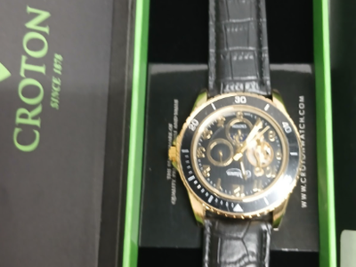 Croton Gold Tone Automatic Watch with Black Leather Band - Open Heart Dial-#6-Section A