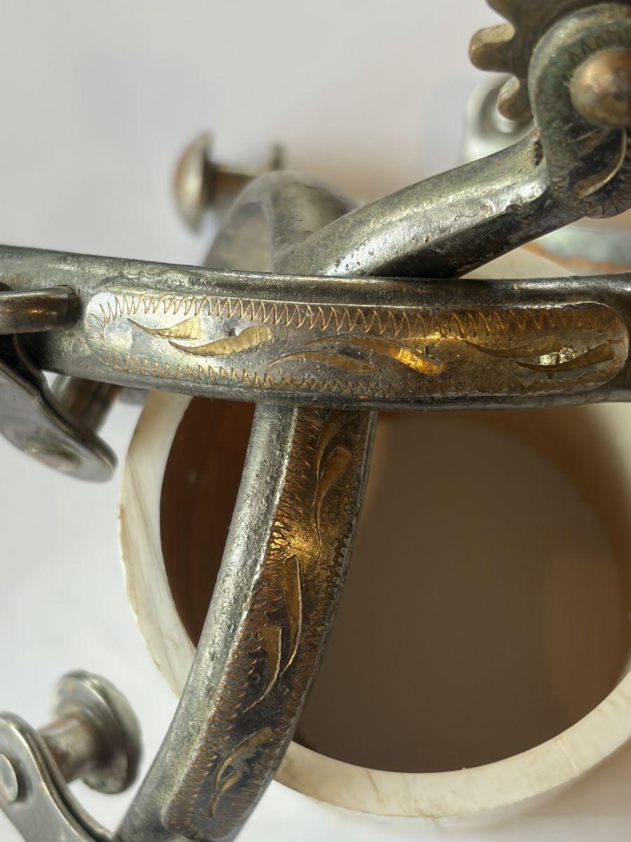 Vintage Engraved Metal Horse Spurs with Gold-Tone Inlay - Equestrian Riding Gear