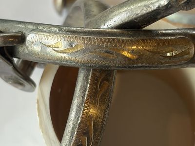 Vintage Engraved Metal Horse Spurs with Gold-Tone Inlay - Equestrian Riding Gear