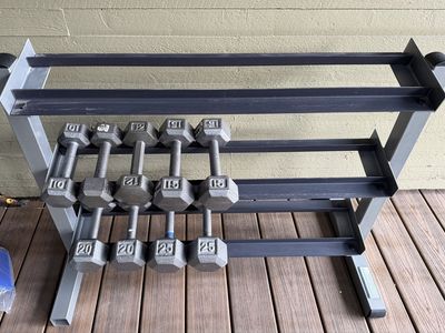Body-Solid Dumbbell Rack with Cast Iron Hex Dumbbells (10-25 lbs)