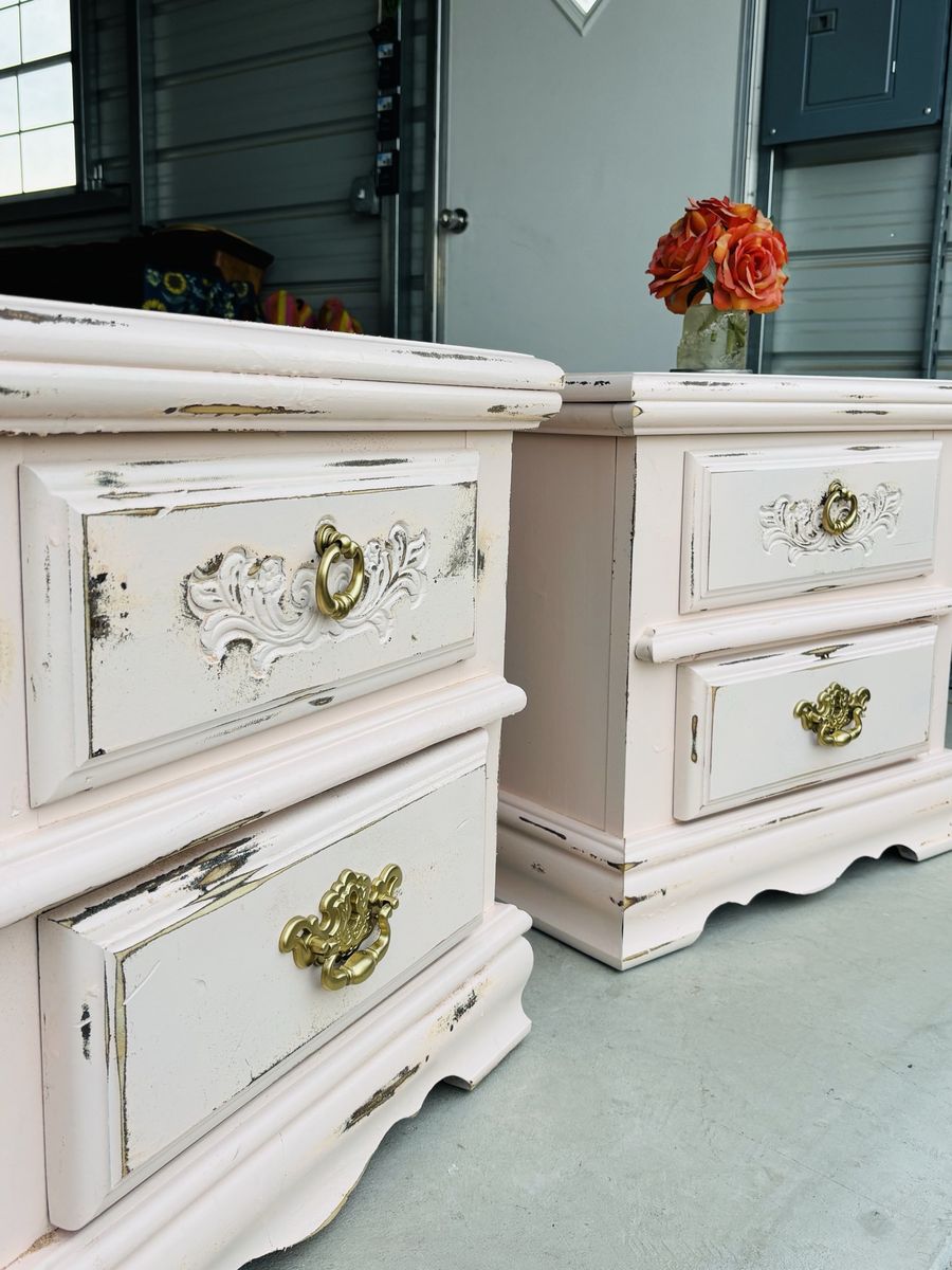 Pair of Vintage Shabby Chic Blush Pink 2-Drawer Nightstands with Brass Hardware