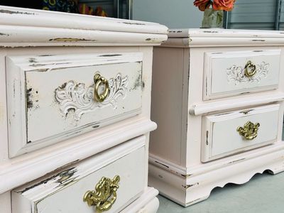 Pair of Vintage Shabby Chic Blush Pink 2-Drawer Nightstands with Brass Hardware