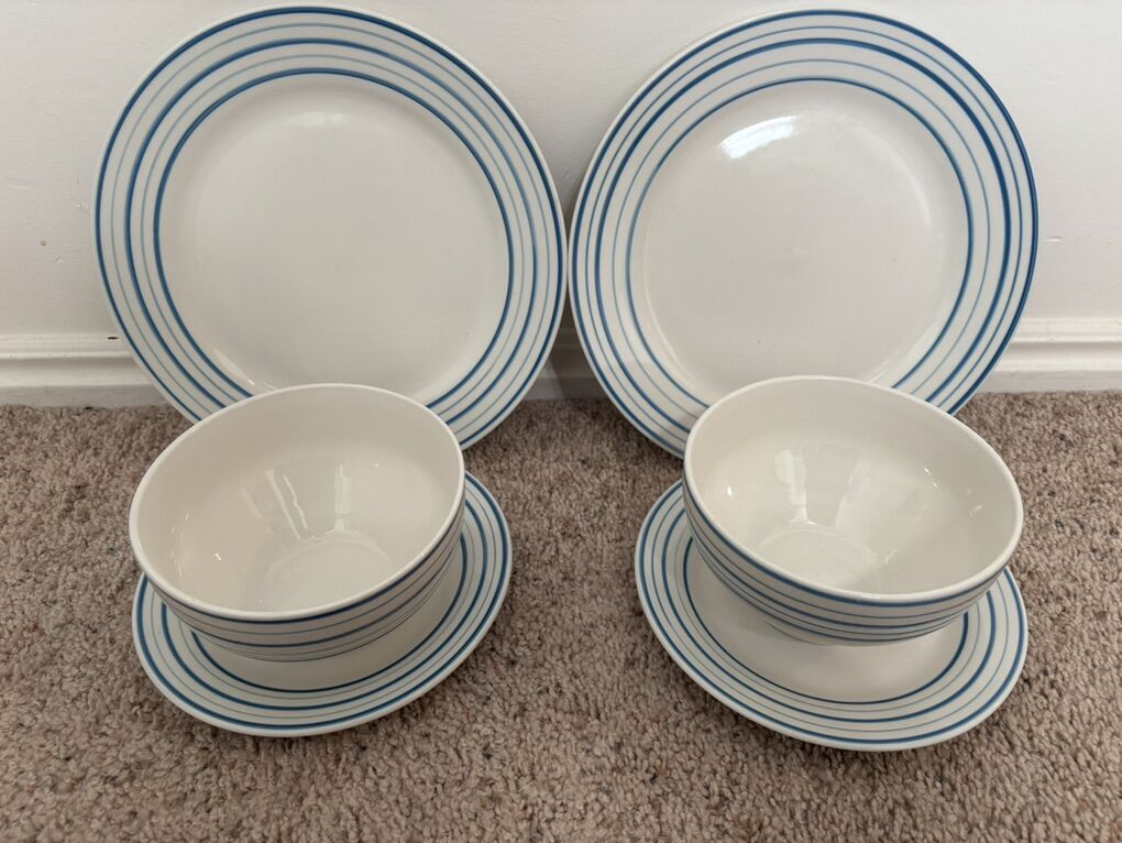 Dishes 6pc Set Plates Bowls White Blue Dishwasher
