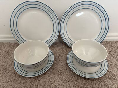 Dishes 6pc Set Plates Bowls White Blue Dishwasher
