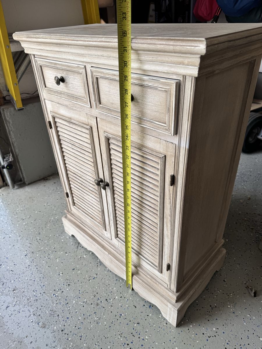 Distressed White Wood Accent Cabinet with Louvered Doors and 2 Drawers - 32" Tall Storage