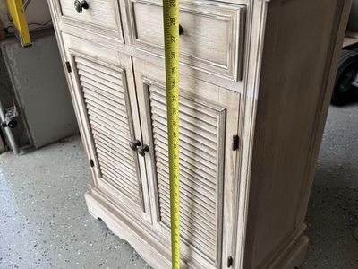 Distressed White Wood Accent Cabinet with Louvered Doors and 2 Drawers - 32" Tall Storage