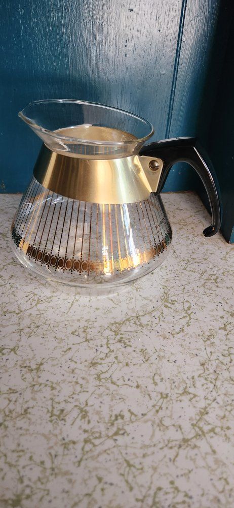 Vintage Gold Striped Pyrex Coffee Carafe with Lid Art Deco Beautiful