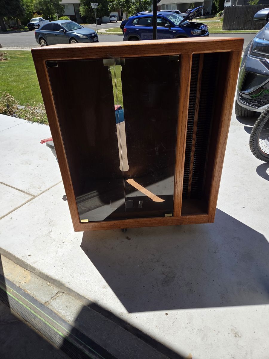 Oak Finish Media Storage Cabinet / CD DVD Tower, Revolving Glass Door