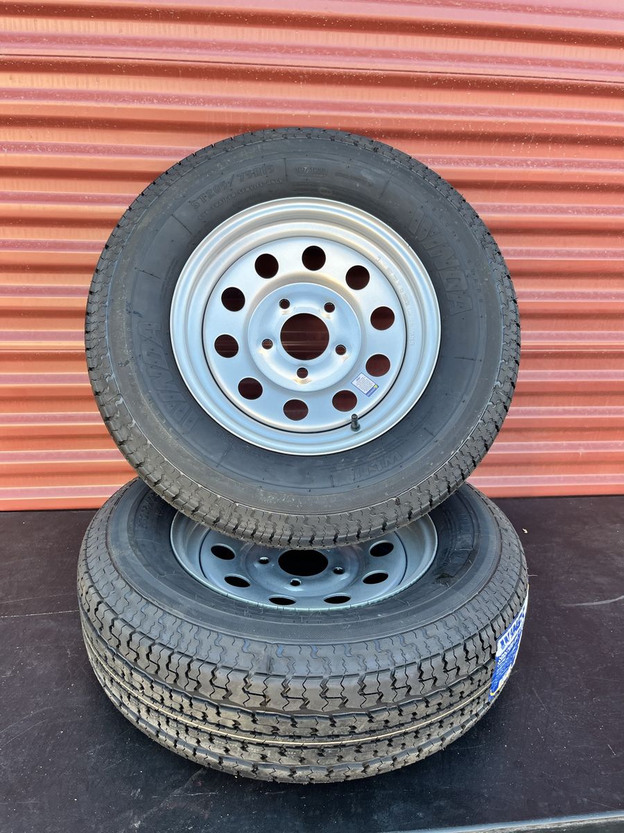 New Set of 2 Winda ST 205/75 R 15 Trailer Tires Mounted on New Silver Mod Wheels Hard to Find 5 on 5.  8 Ply D Load