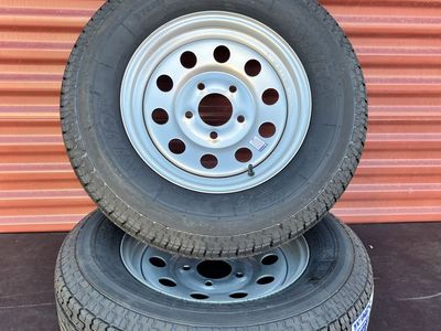 New Set of 2 Winda ST 205/75 R 15 Trailer Tires Mounted on New Silver Mod Wheels Hard to Find 5 on 5. 8 Ply D Load