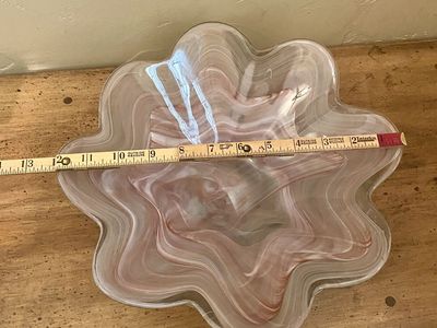 Vintage Beautiful Hand-Blown Pink & White Swirl Art Glass Centerpiece Bowl - 13" Starfish/Flower Shape C PIX