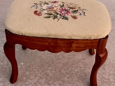 Vintage Walnut Foot Stool w/ Needle Point Top