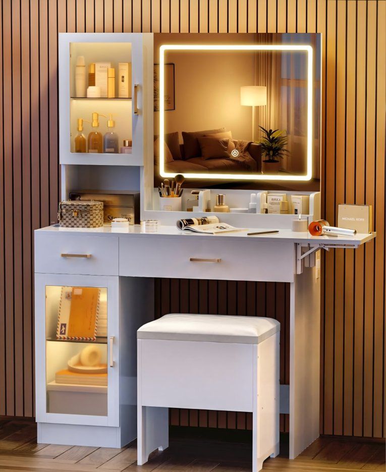 Esmlada Farmhouse Makeup Vanity Desk With Mirror And Lights