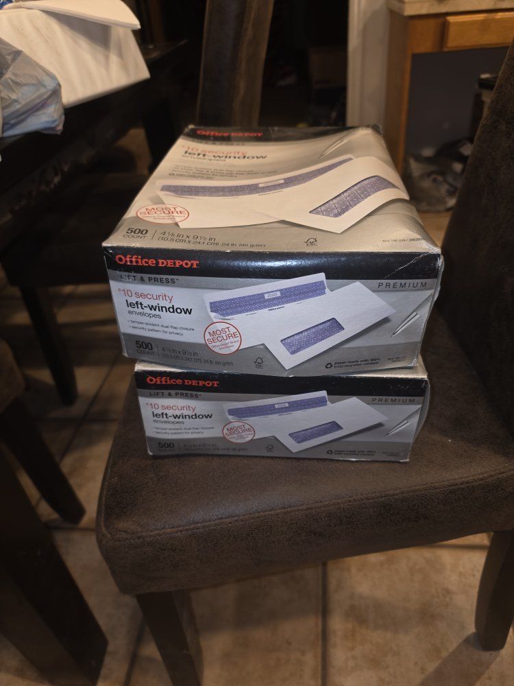 Office Depot Premium #10 Security Left-Window Envelopes - 2x 500 Count Boxes (1000 Total)