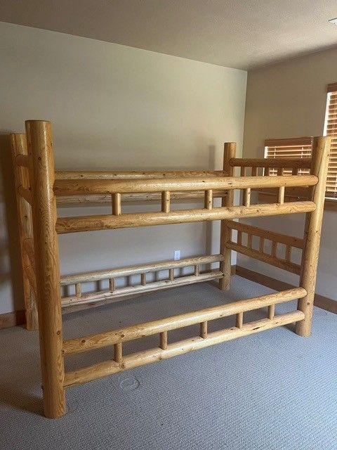 Rustic Log Wood Bunk Beds - Twin Size with Ladder & Slats (Mattress included)