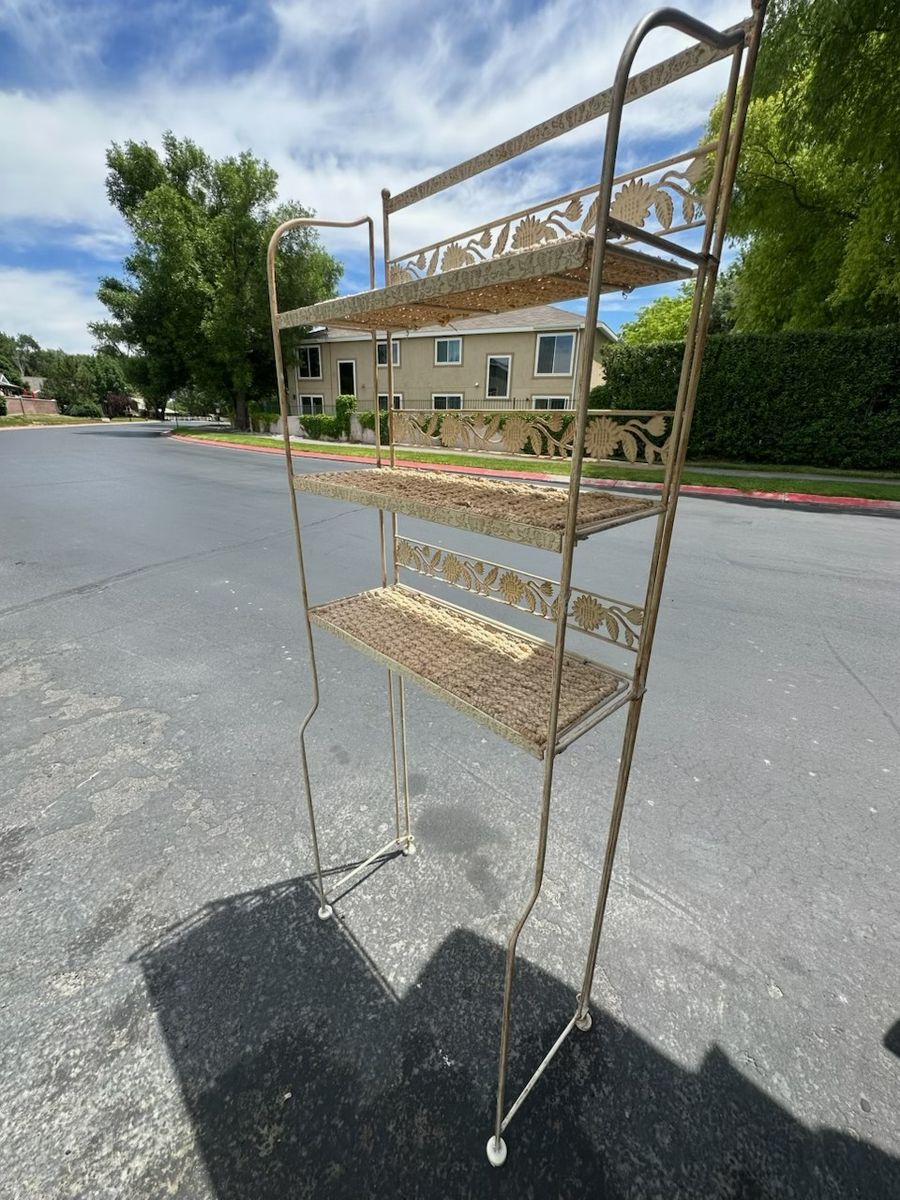 Wrought Iron 3-Tier Baker's Rack Cream w/ Floral & Woven Details Patio/Garden Shelf