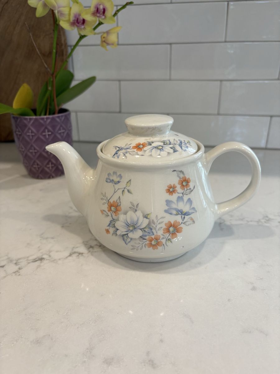 Vintage Floral Teapot - White Ceramic with Orange and Blue Flowers